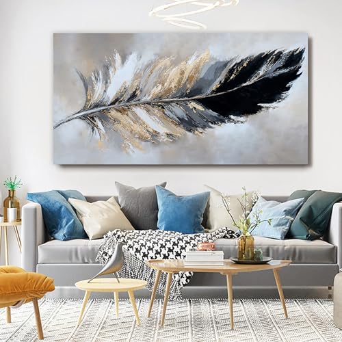YISXINOAG Modern Canvas Wall Art Black and Gold Wall Decor Large Abstract Wall Art for Living Room Modern Home Decorations Abstract Art Prints Minimalist Feather Home Artwork Size 29"X58" - color: grey golden, size: 58"L x 29"W