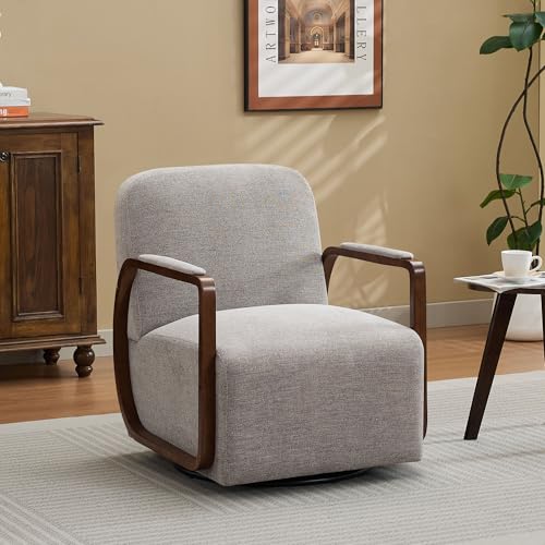 32" Chenille Upholstered Swivel Accent Chair, 360° Rotating Metal Base Modern Lounge Chair with Wooden Armrests for Living Room Bedroom, Brown - color: Brown, size: 1 Pack