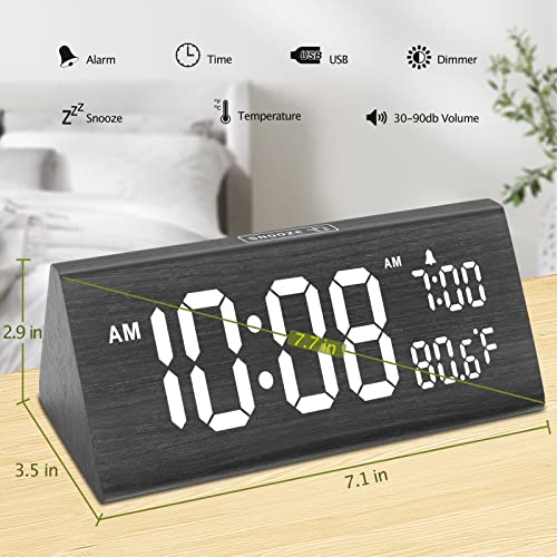 DreamSky Wooden Digital Alarm Clock for Bedroom with USB Port | 7.7" Electric Clocks with Large Numbers, Temperature, 0-100% Brightness Dimmer, Adjustable Alarm Volume, Snooze, 12/24H - color: Gray