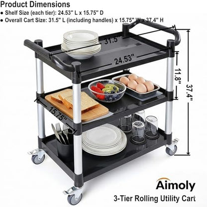 3-Tier Rolling Utility Cart with Wheels, 510 lbs Capacity Service Cart, Commercial Kitchen Cart with 4 Lockable Swivel Casters for Restaurant/Home/Warehouse/Office (31.5"L x 15.75"W x 37.4"H)
