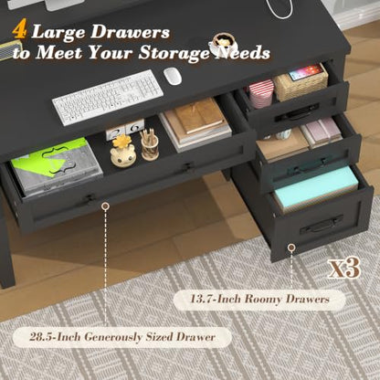 47" Farmhouse Computer Desk with Drawers & Outlets for Home Office, Bedroom | Executive Desk with Power Outlets, Home Office Desk with Monitor Stand & Drawers, Small Desk Writing Study Table, Black - color: Black