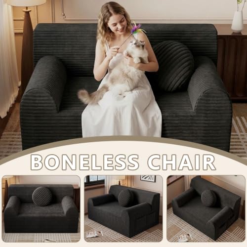 42" Boneless Oversized Chair with Side Pocket, Sofa Small Single Couch in a Box, Deep Seating Boneless Chair for Bedroom Living Room Office Apartment, No Assembly, Black - color: Black, size: 42'' Style 3