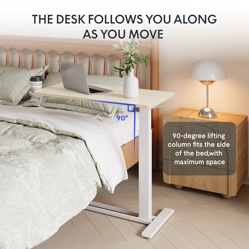 FLEXISPOT H7 32" Pneumatic Height-Adjustable Overbed Table with Wheels | C-shaped bedside table TV Tray,Medical End Side Table,Laptop desk for sofa and home office use,31.5"W x 17.7"D,White Wood - color: White Wood Grain, size: Large