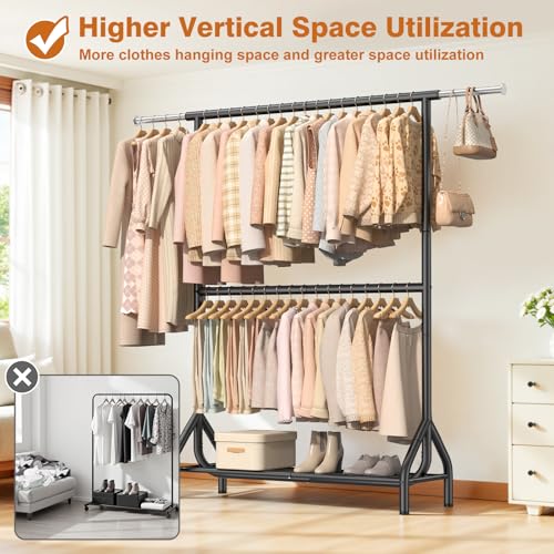 Double Rod Clothing Rack Load 622 LBS, Heavy Duty Clothes Rack for Hanging Clothes, 82.68 inch High Garment Rack with Sotrage Shelves, Metal Clothing Hanger Closet Wardrobe Organizer (Black) - color: Black