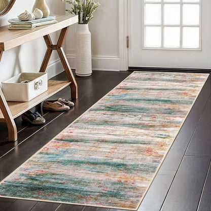KOZYFLY Modern Abstract Kitchen Runner Rug, 2x6 Washable Rug Runner Non-Slip Soft Hallway Runner Rugs, Green Print Carpet Runner for Entryway Bathroom Laundry Room Foyer - color: Green/Turquoise, size: 2' x 6' (Runner)