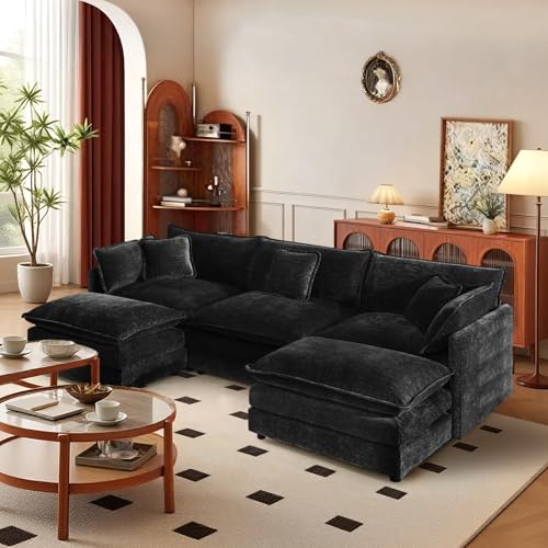 103.8" Chenille U Shaped Modular Sofa with Ottoman,Black | Randomly Assemble Modular Sofa Sets, Modern Recliner Deep Seat Sofa Set for Living Room,Office - color: Black, size: 3S+2O