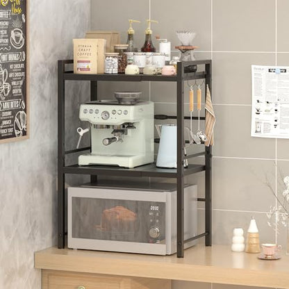 DOLALIKE Microwave Oven Rack, Expandable Microwave Stand Countertop Kitchen Utensils Tableware Storage, Carbon Steel Over Microwave Shelf Countertop with 3 Hooks | Adjustable Microwave Oven Rack Metal Storage Shelf with 3 Hooks for Pans Small Appliances K