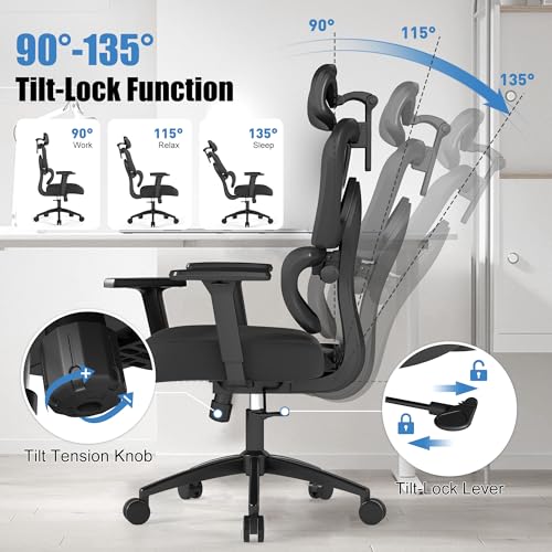Ergonomic Office Chair with Adjustable Lumbar Support, 3D Arms and Headrest, High Back Wide Desk Computer Chair with Wheels, for Home & Office, Black - style: without Footrest