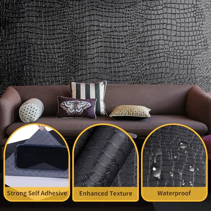 Black Peel and Stick Wallpaper Crocodile 15.7'' X 118'' Self Adhesive | PVC Waterproof Removable Contact Paper for Kitchen Cabinets Bathroom Living Room Renter Friendly - color: Black Crocodile, size: 15.7" x 118"