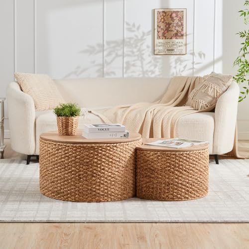 Round Nesting Coffee Table Set of 2 with Storage - Handwoven Wicker Rattan Ottoman Style, Boho Coastal Coffee Tables for Living Room, Rattan Coffee Table with Cover & Soild Wood Frame - color: Natural (Under Warm Light)