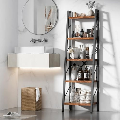 Shintenchi 5 Tier Ladder Shelf, Freestanding Corner Storage Shelves with Adjustable Feet and Anti-Falling Kit, Industrial Bookcase for Living Room, Bedroom, and Home Office, Rustic Brown - size: 16.7'' W x 12'' D x 55.8'' H-no Drawer