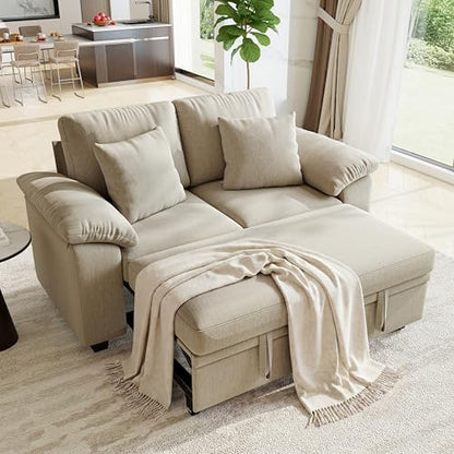 61” Pull Out Couch, 2 in 1 Sleeper Sofa Bed with Throw Pillow, Convertible Small Loveseat Sleeper Couch for Living Room, Bedroom, Apartment (Sand) - color: Sand, size: 2 Seat Sleeper