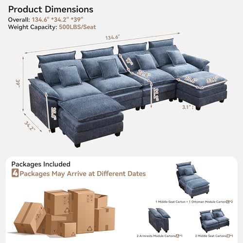 134'' Cloud Modern 4 Seater Couch with Detachable Headrest, Modular Sectional Sofa with 2 Ottoman, Oversized U Shape Chenille Comfy Sofa with Armrests for Living Room, Blue - color: Blue, size: U Shaped Couch