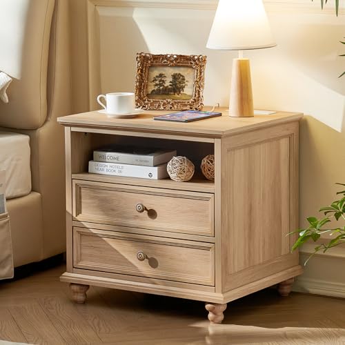 Joaxswe 24" Wide Farmhouse Nightstand with Charging Station, End Table with 2 Drawers, Natural Wood Dresser for Bedroom Cabinet, Bed Side Table Chest of Drawers, Night Stand for Living Room, Closet - color: Natural, size: 24"W (2 Drawers)