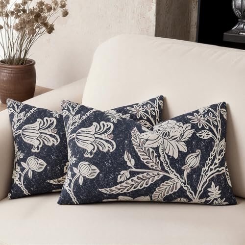Cotton Navy Blue 12x20 Floral Decorative Sofa Couch Throw Pillow Covers | Set of 2 Panels,Lumbar Pillow,Rectangle,Printed Patterned,Living Room Bedroom Office,Boho Modern Retro Country Farmhouse - color: Bf-navy Blue, size: 20" x 12" (Pack of 2)