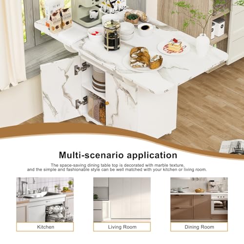 Folding Dining Table for 4-6 with Storage Rack and Cabinet, White Marble Color Kitchen Island, Versatile Space-Saving Table - color: White (Table Only)