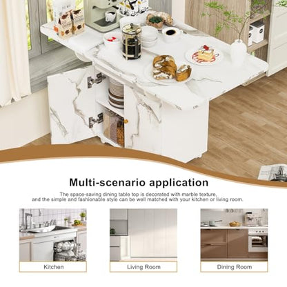 Folding Dining Table for 4-6 with Storage Rack and Cabinet, White Marble Color Kitchen Island, Versatile Space-Saving Table - color: White (Table Only)