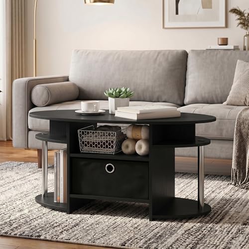 Oval Modern Coffee Table with Side Shelves and Storage Bin, Side Table with Shelf, Coffee Table, for Bedroom, Living Room, Home Office, Americano/Stainless Steel - color: Americano/Stainless Steel/Black