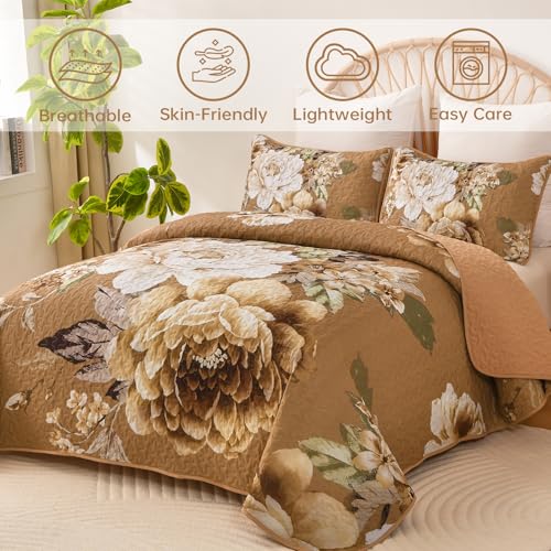 WONGS BEDDING Fall Floral Quilt Set Brown Queen,Quilted Printed Lightweight Bedspread Bedding Set for All Season,3 Pieces Reversible Botanical Plant Coverlet Set with 2 Pillow Shams - color: Brown, size: Queen 90"×96"