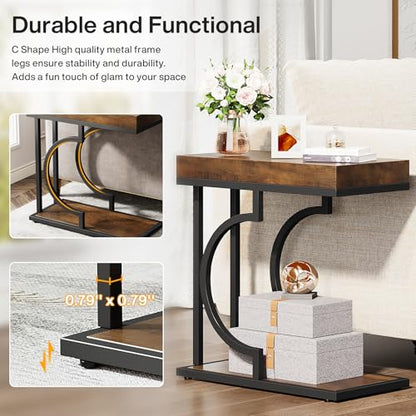 Tribesigns Narrow Side Table Set of 2, C Shaped End Table for Couch, Modern Bedside Tables with Metal Frame, Small Sofa Tables for Small Spaces, Living Room (2, Brown+Black) - color: Brown+black