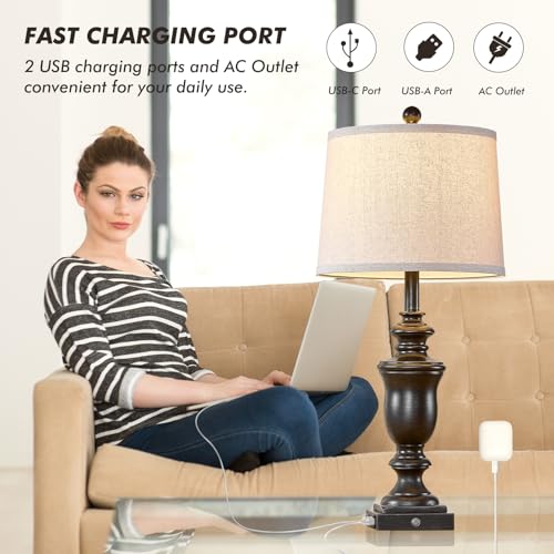 SAIWEYA 27.5" Set of 2 Farmhouse Table Lamps for Bedroom with AC Outlet | USB A+C Ports, 3 Way Dimmable Touch Control , Nightstand Lamps for Bedside, LED Bulb Included - color: Antique Black-27.5in
