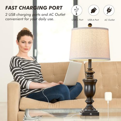 SAIWEYA 27.5" Set of 2 Farmhouse Table Lamps for Bedroom with AC Outlet | USB A+C Ports, 3 Way Dimmable Touch Control , Nightstand Lamps for Bedside, LED Bulb Included - color: Antique Black-27.5in