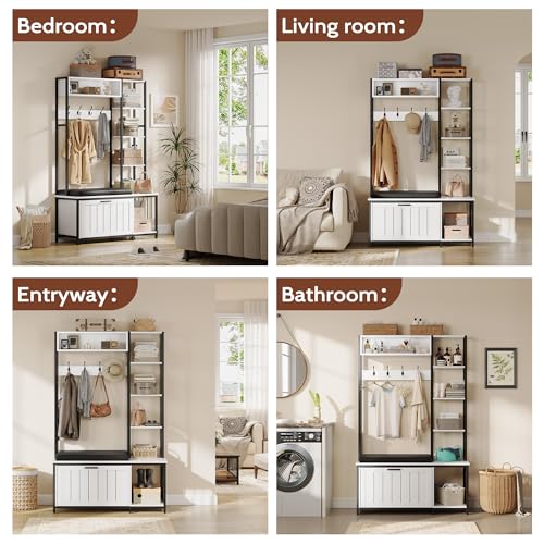 Hall Tree Coat Rack, Hall Tree With Bench and Shoe Storage Shoe With, Mud Room Storage Furniture，39.37 X 15.74 X 69.69 Inches, Rustic White - color: White