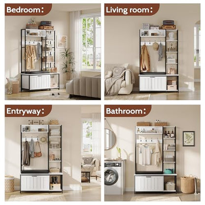 Hall Tree Coat Rack, Hall Tree With Bench and Shoe Storage Shoe With, Mud Room Storage Furniture，39.37 X 15.74 X 69.69 Inches, Rustic White - color: White