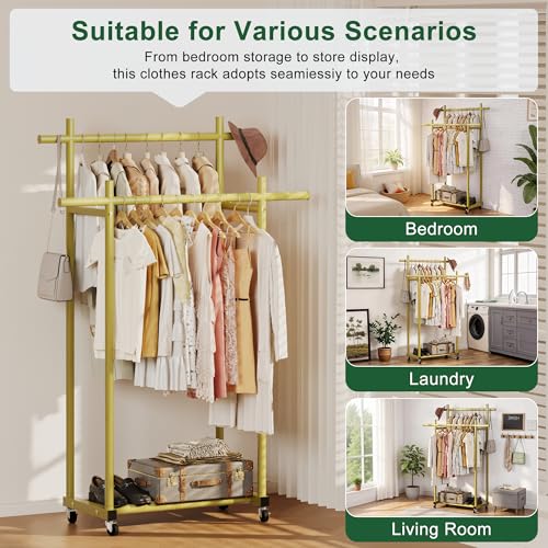 Lutown-Teen Metal Clothes Rack with Lockable Wheels, Double Rods, Gold | Clothing Rack Heavy Duty with Storage Rods, 150 LB Capacity Garment Rack, Easy Assembly - color: Gold, size: Double Rods
