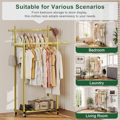 Lutown-Teen Metal Clothes Rack with Lockable Wheels, Double Rods, Pink | Clothing Rack Heavy Duty with Storage Rods, 150 LB Capacity Garment Rack, Easy Assembly - color: Pink, size: Double Rods