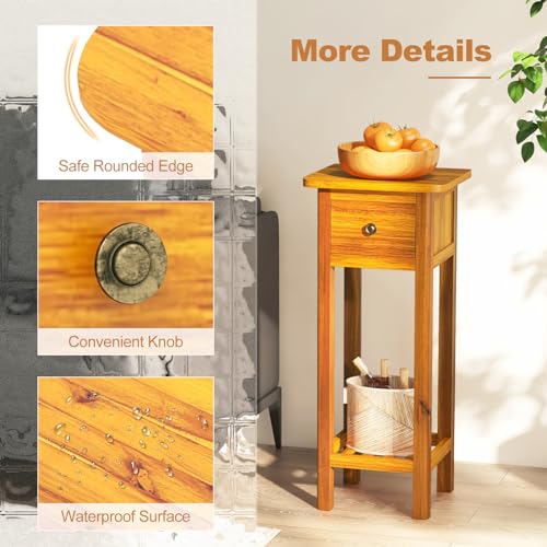 Narrow Side Table, Tall Nightstand with Drawer and Shelf, Small Bedside Tale for Small Space, Living Room End Tables, No Assembly (1, Brown) - color: Brown