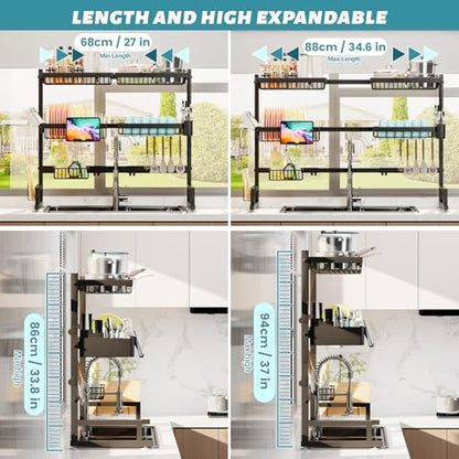 ADBIU Over The Sink Dish Drying Rack (Expandable Height and Length) Snap-On Design 2 Tier Large Dish Rack (27-40L x 12W x 32.5-37H (inches)) - color: Black, size: 27-40L x 12W x 32.5-37H (inches)