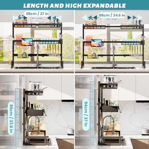 ADBIU Over The Sink Dish Drying Rack (Expandable Height and Length) Snap-On Design 2 Tier Large Dish Rack (27-40L x 12W x 32.5-37H (inches)) - color: Black, size: 27-40L x 12W x 32.5-37H (inches)