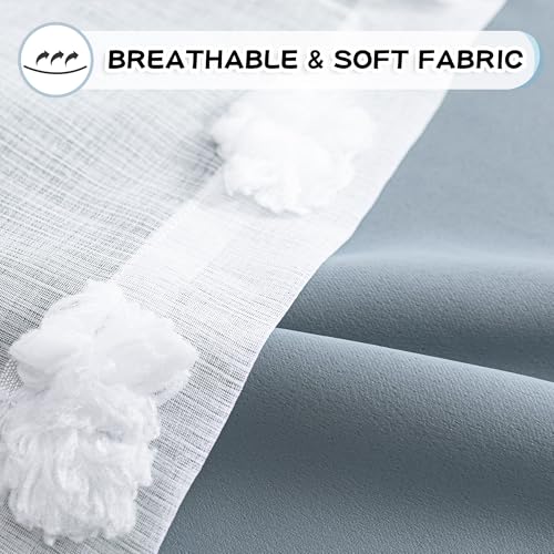 MYSKY HOME Dusty Blue Curtains for Bedroom & Kids Room - 54 Inch Long, Double Layer, White Pom Pom, Sheer, Grommet, Darkening, Small Window, 2 Panels, 52 x 54 in - color: Dusty Blue, size: 52"W x 54"L (Pack of 2)