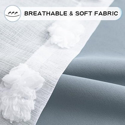 MYSKY HOME Dusty Blue Curtains for Bedroom & Kids Room - 54 Inch Long, Double Layer, White Pom Pom, Sheer, Grommet, Darkening, Small Window, 2 Panels, 52 x 54 in - color: Dusty Blue, size: 52"W x 54"L (Pack of 2)