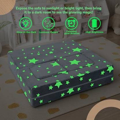 MeMoreCool Glow in Dark Star Kids Couch, Fold Out Foam Play Sofa, Grey | Glow in dark star kids couch, grey foam sofa folds out for playroom fort building play - color: Stars