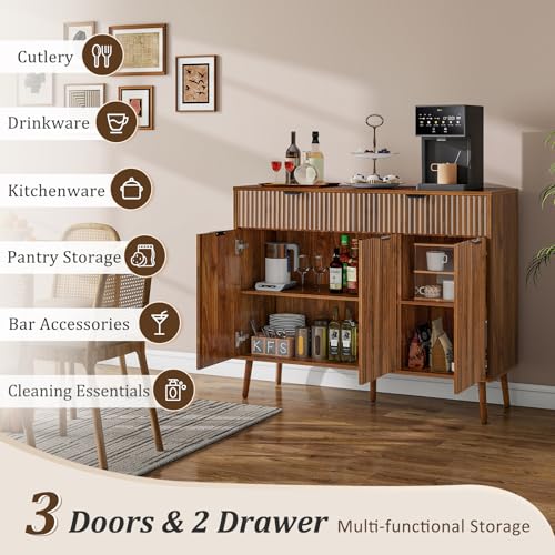 LYNCOHOME Fluted Sideboard Buffet Cabinet with Storage,2 Drawers and 3 Doors,Wood Coffee Bar Cabinet with Solid Wood Feet for Kitchen,Hallway - size: 15.8"D x 43.3"W x 34.7"H