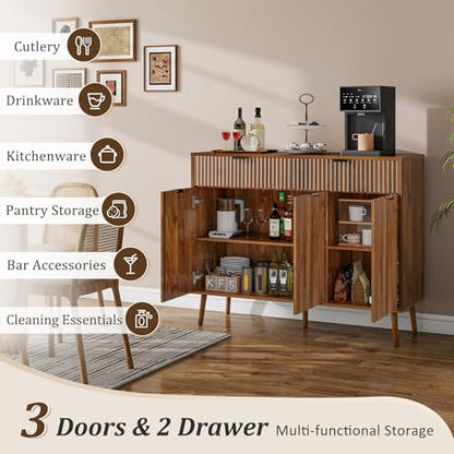 LYNCOHOME Fluted Sideboard Buffet Cabinet with Storage,2 Drawers and 3 Doors,Wood Coffee Bar Cabinet with Solid Wood Feet for Kitchen,Hallway - size: 15.8"D x 43.3"W x 34.7"H