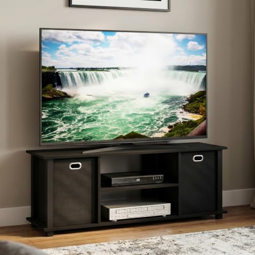 3-Tier Rectangular Entertainment Center with Open Back and Storage Bins, TV Console for TV up to 46 Inch, TV Stand, for Bedroom, Living Room, Black - color: Black, size: Fit TV up to 46 in