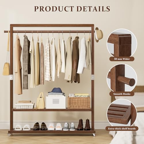 Solid Wood Clothes Rack with Wheels 3-in-1 Garment Rack Extra Long Rod 2 Shelves - size: L-12.6"L x 41.3"W x 66.1"H