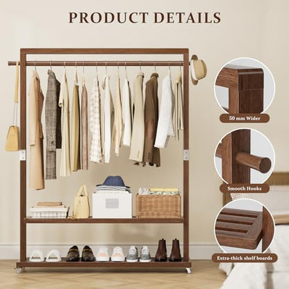 Solid Wood Clothes Rack with Wheels 3-in-1 Garment Rack Extra Long Rod 2 Shelves - size: L-12.6"L x 41.3"W x 66.1"H