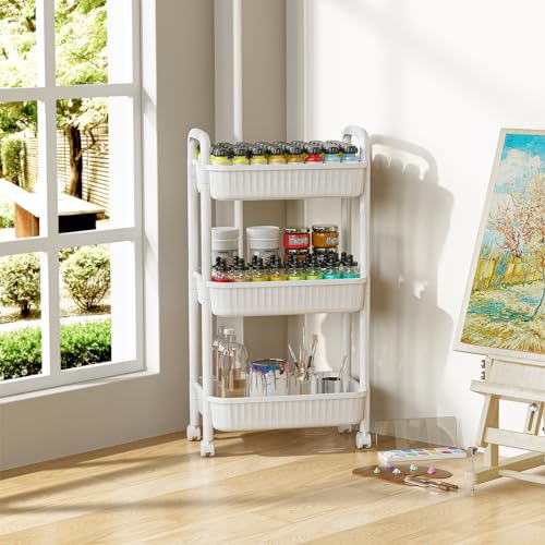 JOYZAN 3 Tier Rolling Carts with Wheels, Utility Cart with Handle and Locking Caster, Storage Cart for Kitchen, Office, Bedroom, Suitable for Diaper, Art Tools, Snack, Craft Storage Cabinet, White - size: White-3 Tier