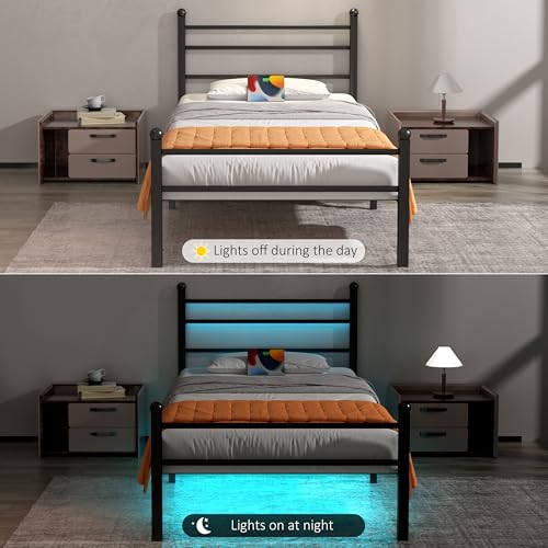 J.Fkne Metal Platform Twin Bed Frame with LED Lights, Charging Station, Headboard, Heavy Duty Slats, No Box Spring Required, Black - size: Twin, style: Retro