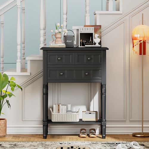 Merax Narrow Console Table, Elegant Slim Entryway Table Sofa Table with Three Storage Drawers and Bottom Shelf for Entryway for Hallway, and Living Room (Black) - color: Black