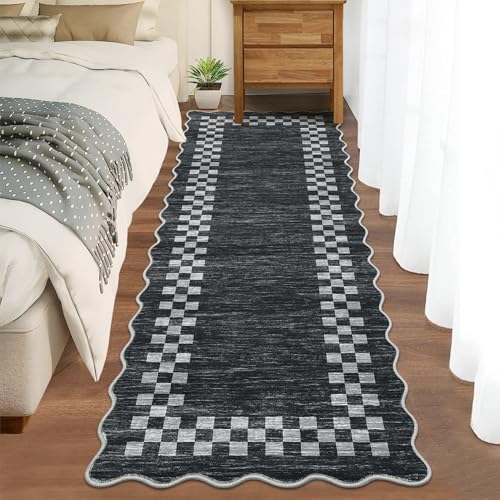 GarveeHome Rug Runners for Hallways 2x8 Washable Kitchen Runner Rug | Non Slip Low Pile Throw Carpet Modern Bordered Runners Checkered Area Rug for Living Room Bedroom Entryway Nursery, Grey - color: Scalloped Dark Grey, size: 2' x 8' (Runner)