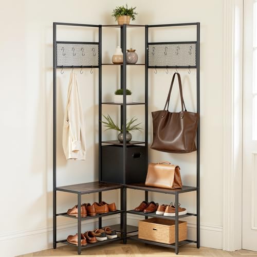 VEVOR Corner Hall Tree with Shoe Bench, 70.9 in Coat Rack with Hooks and Steel Frame, Freestanding Clothes Shoes Rack Storage Organizer with Anti-Tip Set, for Entrance, Closet, Office, Rustic Brown - size: 33.1 x 33.1 x 70.9 in