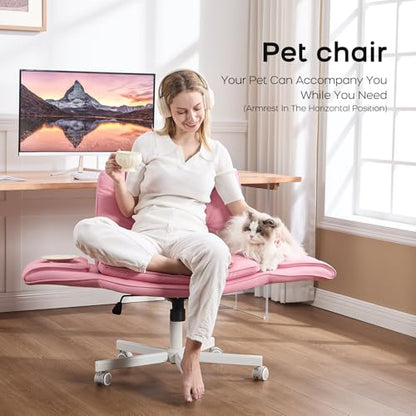 amseatec Criss Cross Office Chair, Swivel Makeup Vanity Chair with Wheels | Wide PU seat supports cross-legged, fidget-friendly sitting; 5-level armrests create pet space; wipe-clean finish eases care - color: Pink