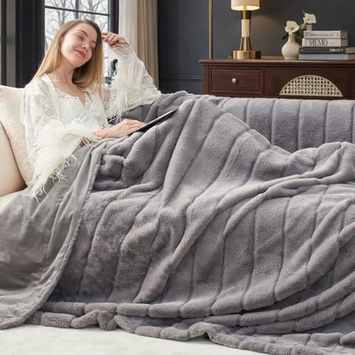 Cozy Bliss Deluxe Sheared Rabbit Faux Fur Throw Blanket, Soft Fuzzy High-Low Sculpted Plush Blanket for Couch, Cozy Home Accent, All Season Use, Grey 50"x60" - color: Stripe - Grey, size: Throw(50" x 60")