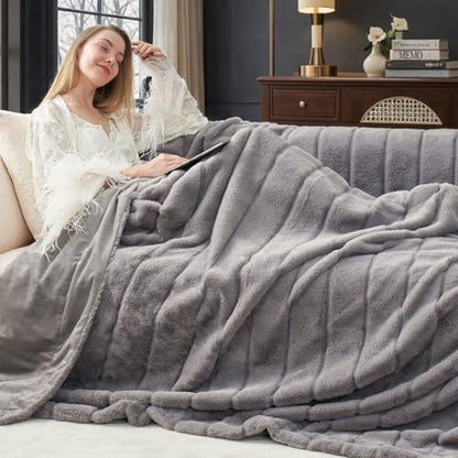 Cozy Bliss Deluxe Sheared Rabbit Faux Fur Throw Blanket, Soft Fuzzy High-Low Sculpted Plush Blanket for Couch, Cozy Home Accent, All Season Use, Grey 50"x60" - color: Stripe - Grey, size: Throw(50" x 60")