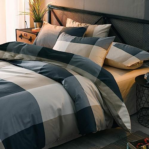 LifeTB Cotton Plaid Duvet Cover Full Size Geometric Print Checkered Bedding Set Breathable Soft 3 Piece Vintage Plaid Comforter Cover Grid Farmhouse Duvet Cover with 2 Pillowcases Check Bedding Set - color: A1# Plaid Checkered, size: Full (80"x90")